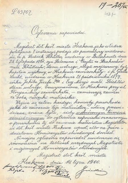 Z akt ślubów cywilnych 1896–1910 ogłoszenie zapowiedzi z roku 1900, gdzie na dole adnotacja o wywieszeniu
i zdjęciu ogłoszenia z tablicy ogłoszeń wraz z terminami dokonania tych czynności – przy adnotacji podpis
p.o. komisarza Franciszka Górskiego
(Archiwum Narodowe w Krakowie, sygn. Kr 2458, s. 431)