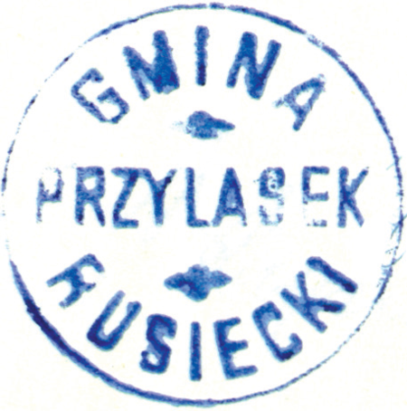 (1927)
Odciski pieczęci urzędowych Przylasku Rusieckiego
z lat 1855, 1927, 1947 i 1969
(Archiwum Narodowe w Krakowie,
sygn. 29/456/212, nlb.; sygn. PUZKr 61, nlb.;
sygn. Gm. Ru. 13, s. 289;
sygn. 29/1112/132, nlb.)