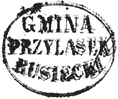 (1855)
Odciski pieczęci urzędowych Przylasku Rusieckiego
z lat 1855, 1927, 1947 i 1969
(Archiwum Narodowe w Krakowie,
sygn. 29/456/212, nlb.; sygn. PUZKr 61, nlb.;
sygn. Gm. Ru. 13, s. 289;
sygn. 29/1112/132, nlb.)