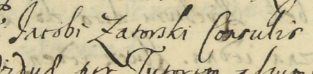 Z księgi inwentarzy mieszczan kazimierskich obejmującej lata 1618–1647: początkowy fragment
spisu inwentarza po zmarłym Jakubie Zatorskim, sporządzonego w 1632 roku – oraz zbliżenie zapisu imienia i urzędu
(Archiwum Narodowe w Krakowie, sygn. K 448, s. 96)