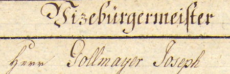 Z akt magistratu miasta Krakowa 1796–1816 strona 7 z wykazem poborów Józefa Gollmayera
w latach 1803–1805 na etacie wiceprezydenta – podburmistrza (1200 złotych reńskich rocznie; za 1 reńskiego
można kupić było na przykład dwie kopy, czyli 120 jaj) – oraz powiększenie nazwiska i urzędu
(Archiwum Państwowe w Krakowie, sygn. Mag. I 743, s. 7)