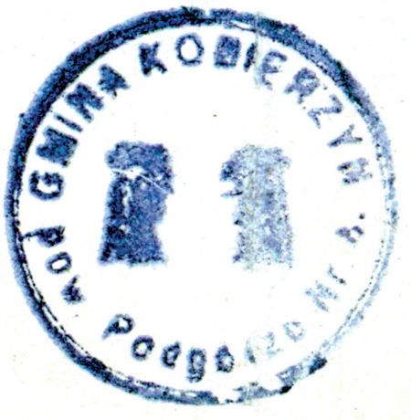 (1924)
Odciski pieczęci urzędowych Kobierzyna
pochodzące z lat 1854, 1901 i 1924 oraz
pieczęci dominialnej („państwa kobierzyńskiego”)
z 1854 roku
(Archiwum Narodowe w Krakowie,
sygn. 29/279/1996, s. 162;
sygn. Kr 7950, nlb.; sygn. PUZKr 44,
s. 24; sygn. 29/279/1996, s. 162)