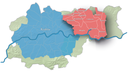 Etap II:
poszerzenie granic w 1951 roku
Na planie obrazującym dzisiejsze granice Krakowa powierzchnia miasta do roku 1951 (kolor niebieski) oraz tereny przyłączone do miasta
w tymże roku (kolor czerwony). Przyłączone tereny stały się kolejnymi gminami katastralnymi Krakowa: LIII. Mogiła
z Kopańcem i Kępą Przewozu; LIV. Bieńczyce (część Bieńczyc włączono do Krakowa już wcześniej, w 1941 roku); LV. Mistrzejowice;
LVI. Zesławice z Dłubnią; LVII. Kantorowice; LVIII. Krzesławice; LIX. Grębałów; LX. Lubocza; LXI. Wadów; LXII. Pleszów
z Kujawami; LXIII. Ruszcza; LXIV. Branice z Chałupkami, Holendrami i Wolą Rusiecką.