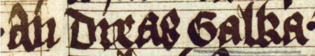 Z księgi radzieckiej Kazimierza obejmującej lata 1416–1433: fragment wpisu dokumentującego wybór rajców na rok 1424,
z Andrzejem Gałką w składzie – oraz zbliżenie zapisu imienia (Biblioteka Jagiellońska, sygn. rkps 1045/2, k. 121)