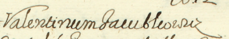 Z księgi radzieckiej Kazimierza obejmującej lata 1610–1612: fragment wpisu dokumentującego wybór
rady urzędującej na rok 1612, z Walentym Jakubowiczem w składzie – oraz zbliżenie zapisu imienia
(Archiwum Narodowe w Krakowie, sygn. K 31, s. 931)