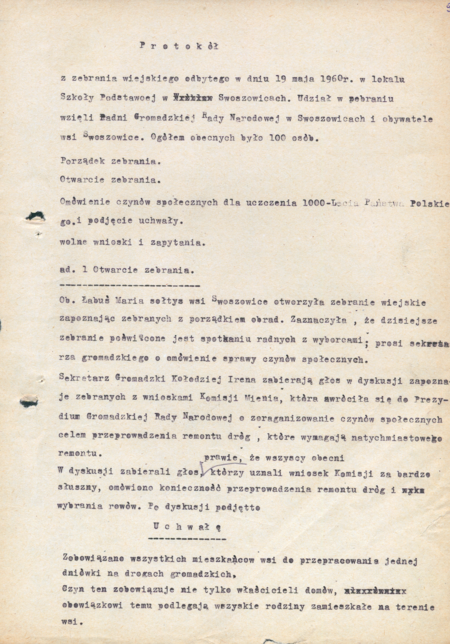 Protokół z zebrania wiejskiego z 1960 roku; w końcowym fragmencie elementy ówczesnej definicji pojęcia „czyn społeczny”
(Archiwum Narodowe w Krakowie, sygn. 29/1108/129, nlb.)