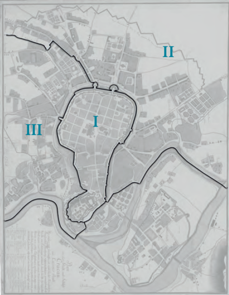 Plan konturowy podziału Krakowa na wydziały
z lat 1794 i 1794–1802 na podkładzie planu miasta
przedstawionego w pełnym kształcie na s. 296