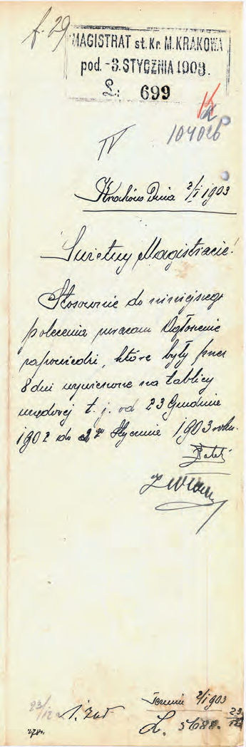 Z akt ślubów cywilnych 1896–1910 ogłoszenie zapowiedzi z roku 1903 oraz informacja
komisarza Jana Chryzostoma Włocha o wywieszeniu ogłoszenia na tablicy ogłoszeń wraz
z terminami dokonania tych czynności
(Archiwum Narodowe w Krakowie, sygn. Kr 2458, s. 631, 634)