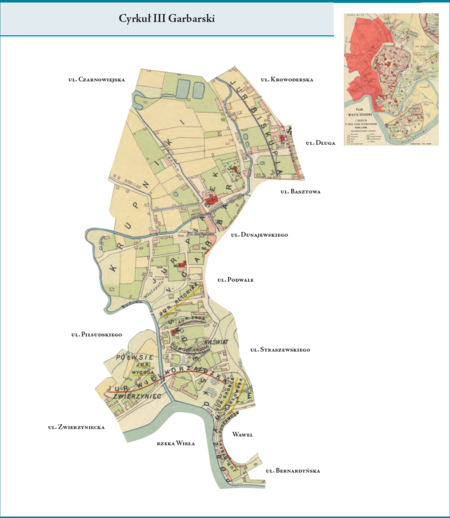 Cyrkuł III Garbarski według stanu z roku 1792 na przywołanym wcześniej planie miasta zrekonstruowanym w 1926 r. Centrum tej
dzielnicy stanowiła dawna jurydyka miejska Garbary, aktualnie wraz z innymi jurydykami przyłączona do miasta Krakowa. Cyrkułem III
objęto tereny położone na północ od Garbar, aż po b. jurydykę Biskupie, czyli ul. Krowoderską, oraz tereny leżące na południe od Garbar,
aż po b. jurydykę Podzamcze leżącą w zakolu Wisły u stóp wzgórza wawelskiego (dzisiejszy bulwar Czerwieński). Użyte przy powyższym
planie dzielnicy nazwy terenowe podano według nazewnictwa obowiązującego aktualnie.