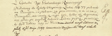 Z dokumentu Księga raportów tygodniowych składanych magistratowi m. Krakowa
przez dozorców cyrkułów krak. w sprawach policyjnych i ze stanu kasy fragment z raportem
złożonym bezpośrednio przez wójta cyrkułowego Wawrzyńca Meciszewskiego w 1794 r.
(Archiwum Narodowe w Krakowie, sygn. rkps 1301, s. 233)