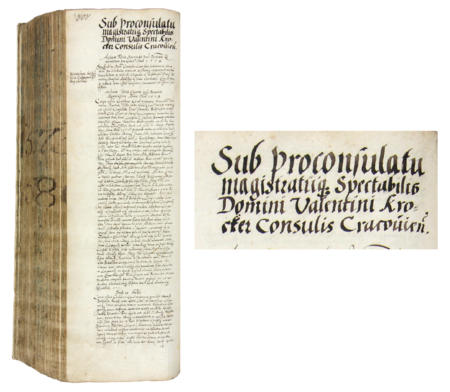 Z księgi radzieckiej obejmującej lata 1575–1580 strona 808 z nagłówkiem wpisów spraw prowadzonych
za kadencji burmistrzowskiej Walentego Krokiera w 1579 roku – oraz powiększenie zapisu imienia i funkcji burmistrza
(Archiwum Państwowe w Krakowie, sygn. rkps 447, s. 808)