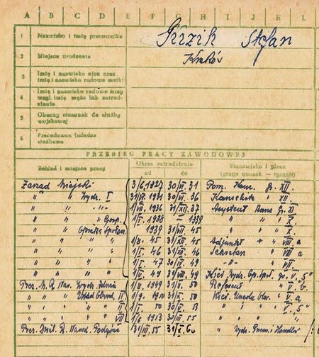 Z akt magistrackich dokument z 1960 r.
zawierający przebieg służby urzędniczej kierownika Stefana Guzika
(Archiwum Zakładowe Urzędu Miasta Krakowa)