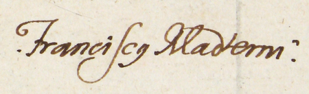 Z księgi radzieckiej obejmującej lata 1684–1688 fragment strony 705 zawierający wykaz rajców
urzędujących wybranych na rok 1686, wśród których znajduje się Jan Franciszek Maderni – oraz powiększenie zapisu imienia
(Archiwum Państwowe w Krakowie, sygn. rkps 470, s. 705)