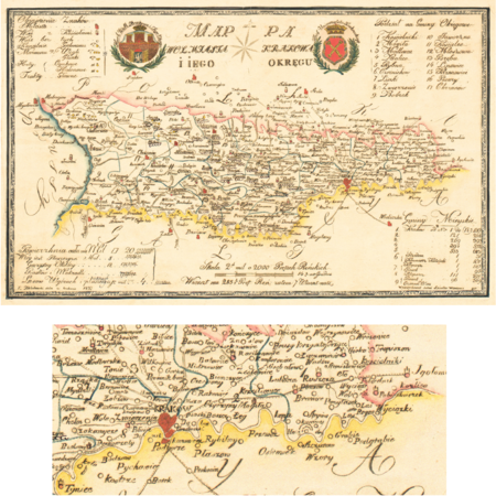 Pochodząca z 1827 roku Mappa Wolnego Miasta Krakowa i Jego Okręgu (Rzeczypospolitej Krakowskiej) wyrysowana przez geometrę
rządowego Królestwa Polskiego i Rzeczypospolitej Krakowskiej Karola Bełcikowskiego, który sporządził między innymi szereg map na
zamówienie Komisji Włościańskiej Wolnego Miasta Krakowa w ramach prac przygotowujących uwłaszczenie chłopów, w tym mapy dla
Mogiły i wsi wchodzących w skład klucza mogilskiego (vide s. 70); na powiększeniu fragment mapy z miejscowościami podkrakowskimi,
na północ od linii Wisły należącymi do Okręgu Wolnego Miasta, na południe od tej linii przynależnymi do cesarstwa austriackiego –
w przyszłości większość z miejscowości widocznych w kadrze zostanie przyłączonych do Krakowa
(Biblioteka Jagiellońska, sygn. M 40-3)