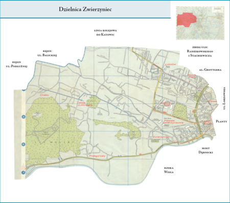 Dzielnica Zwierzyniec według stanu z roku 1958 na przywołanym wcześniej planie miasta z 1964 r. – dzielnica
obejmująca dawne jednostki (dzielnice) katastralne, w całości lub w ich przeważającej części: Piasek, Nowy Świat, Półwsie
Zwierzynieckie, Zwierzyniec, Przegorzały, Bielany, Wola Justowska, Chełm, Łobzów, Nowa Wieś i Czarna Wieś. Zwraca
uwagę, że w latach 1954–1957 granica między tą dzielnicą a dzielnicą Kleparz biegła osią ul. Krowoderskiej, natomiast
od roku 1958 osią ul. Łobzowskiej. Opis przebiegu granic tej dzielnicy podano na s. 696.