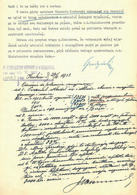 Z akt magistrackich Koncesje na apteki – Paderewski Władysław Tadeusz i Benk Henryk
1910–1919 dokument pochodzący z roku 1913 – szczegółowe opisanie przez komisarza
Józefa Wojciecha Wiśniowskiego kondycji jednej z aptek na terenie podległego mu Obwodu II
(Archiwum Narodowe w Krakowie, sygn. Kr 7829, nlb)