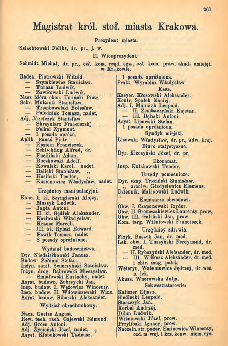 Fragment spisu etatów magistrackich z Szematyzmu Królestwa Galicji i Lodomerii na
rok 1888 – stan na rok 1887; p.o. komisarz Jan Goliński (pomyłka w nazwisku) w połowie
prawej szpalty (Szematyzm 1888, s. 267)