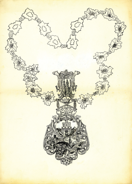 (397) Wykonany na zamówienie władz miejskich w 1909 r. przez artystę rzeźbiarza i cyzelera Mariana Sługockiego projekt odznaki (łańcucha) dla radców
miejskich (radnych) ówczesnej krakowskiej Rady Miejskiej; projekt ten zawierał „wszystko”: herb Krakowa, koronę nad skrzyżowanymi berłami (nawiązanie
do Uniwersytetu Jagiellońskiego), sylwetki kościoła Mariackiego, Wawelu i Ratusza, ale też wizerunek smoka wawelskiego, szczególnie eksponowanego
wielkością oraz wypukłością aż na 3 mm. W roku 1910, w związku z utworzeniem Wielkiego Krakowa, projekt ten został zmodyfikowany: ogniwami
łańcucha miały stać się liście, na których ułożone zostałyby herby gmin przyłączonych do Krakowa. Zbliżająca się wojna przekreśliła te plany
(ANK, sygn. Kr 4404, nlb)