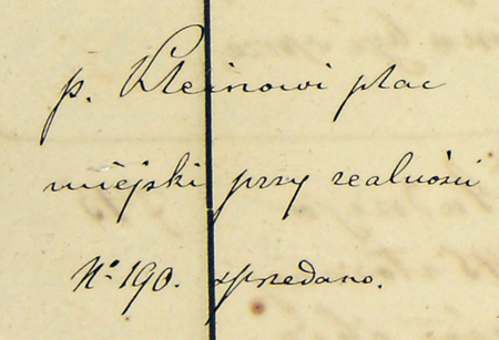 Z księgi uchwał rady gminnej miasta Podgórza obejmującej lata 1867–1875: wpis uchwały z 1870 roku dotyczącej sprzedania
Romanowi Kleinowi miejskiej parceli położonej przy rynku, na ulgowych warunkach, jednak pod rygorem zainstalowania
i utrzymywania w wybudowanym tam domu poczty lub biura telegraficznego – oraz zbliżenie wpisu przedmiotu uchwały
(Archiwum Narodowe w Krakowie, sygn. P 5, s. 175)