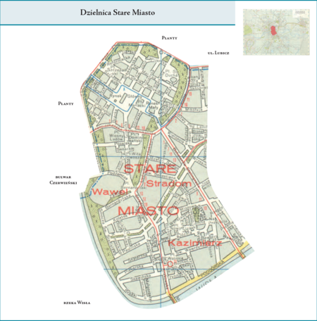Dzielnica Stare Miasto według stanu z roku 1958 na przywołanym wcześniej planie miasta z 1964 r. – dzielnica
obejmująca dawne jednostki (dzielnice) katastralne: tradycyjne stare miasto w obrębie Plant, Wawel, Kazimierz,
Stradom i część Wesołej. Opis przebiegu granic tej dzielnicy podano na stronie następnej.