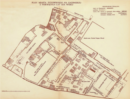 Plan miasta żydowskiego na Kazimierzu z pierwszych lat XIX wieku – zatem obrazujący siedlisko Żydów krakowsko-kazimierskich w ostatnich latach samodzielności
miejskiej Kazimierza oraz samodzielności gminy żydowskiej w dotychczasowym jej kształcie (stan już pod zaborem austriackim, stąd nazewnictwo
polskie i niemieckie). W prawej górnej części planu przy murze oddzielającym od miasta żydowskiego tereny zakonu kanoników laterańskich i kościoła Bożego
Ciała, bryła kościoła przy ul. Bożego Ciała już poza rysunkiem, w lewej części planu zachowany do dzisiejszych czasów układ urbanistyczny z ul. Szeroką,
synagogą Starą i dwoma cmentarzami izraelickimi (Bałaban 1931-II, s. 1).