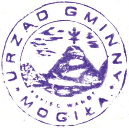 (1925)
Odciski pieczęci urzędowych Mogiły z lat
1847, 1859 i 1925 oraz odcisk pieczęci mogilskiego
obszaru dworskiego z 1889 roku
(Archiwum Narodowe w Krakowie,
sygn. WMK IX-45, nlb.;
sygn. 29/456/167, nlb.; sygn. PUZKr 53, nlb.;
sygn. K. Krak. op. 31, s. 1301)