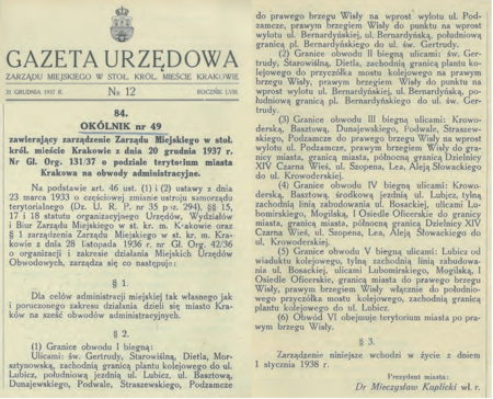 Szczegółowe granice nowych obwodów ustanowionych zarządzeniem
Zarządu Miasta z 20 grudnia 1937 r. z mocą obowiązującą od 1 stycznia 1938 r.
(GUMK 1937, nr 12, poz. 84)