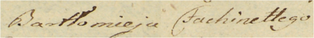 Z akt kleparskiego sądu miejskiego miejscowego z lat 1792–1794: fragment protokołu
elekcji rady urzędującej na 1793 rok, w którym mowa jest o nieobsadzonym miejscu w radzie
po ustąpieniu z urzędu w 1788 roku Bartłomieja Fachinetty’ego – zbliżenie zapisu imienia
(Archiwum Narodowe w Krakowie, sygn. KL 103, s. 35)