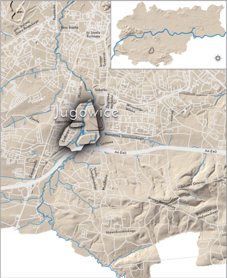 Orientacyjna lokalizacja dawnej wsi Jugowice w obecnych granicach Krakowa – na planie miasta oznaczono
jej położenie w kształcie wyznaczonym granicami jednostki katastralnej, jaką stanowiła, ze wskazaniem
najstarszego, historycznego centrum Jugowic w rejonie dzisiejszej ulicy Jugowickiej