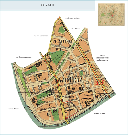 Obwód II według stanu z roku 1941 na przywołanym wcześniej planie miasta z 1943 r. – dzielnica
administracyjna obejmująca w całości obszar dzielnic katastralnych VII–Stradom i VIII–Kazimierz. Obwód
ten bez istotnych różnic był odpowiednikiem Obwodu II z poprzedniego podziału terytorialnego miasta.