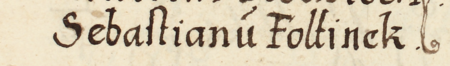 Z księgi radzieckiej Kleparza obejmującej lata 1569–1573: fragment wpisu z 1572 roku dokumentującego
wybór rady urzędującej, z rajcą-burmistrzem Sebastianem Foltinkiem w składzie – oraz zbliżenie zapisu imienia
(Archiwum Narodowe w Krakowie, sygn. KL 28, s. 479v)