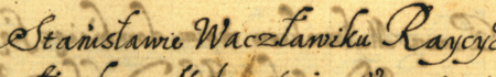 Z fascykułu zawierającego inwentarze rzeczy ruchomych i nieruchomych mieszczan kazimierskich z lat 1595–1791: początkowy
fragment inwentarza pośmiertnego sporządzonego w 1642 roku przez Annę, wdowę po rajcy Stanisławie Wacławiku –
oraz zbliżenie zapisu imienia i urzędu (Archiwum Narodowe w Krakowie, sygn. K 449, s. 301)