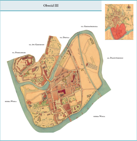 Obwód III według stanu z roku 1855 na przywołanym wcześniej planie miasta z 1879 r. – dzielnica ukształtowana na terenie
poprzedniego Cyrkułu–Obwodu V, jednak z istotnymi korektami. Tradycyjnie dla tej części miasta objęła obszar Kazimierza
i Stradomia, tym razem jednak włączono do niej wzgórze wawelskie z Zamkiem i tereny przywiślane pod wzgórzem, dawnej jurydyki
Rybaki. Północną granicę Stradomia, zatem i Obwodu III, wytyczono na wysokości sąsiadującego przez Planty, a znajdującego się
w Obwodzie I, kościoła śś. Piotra i Pawła. Co do zasady ten kształt dzielnicy–Obwodu III przetrwa ponad 80 lat, do roku 1938. Użyte
przy powyższym planie dzielnicy nazwy terenowe podano według nazewnictwa obowiązującego aktualnie.