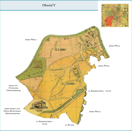 Obwód V według stanu z listopada 1928 r. na przywołanym wcześniej planie miasta z 1934 r. – w skład tej dzielnicy administracyjnej,
którą stanowił Obwód V, weszły położone po prawej stronie Wisły tereny dzielnic katastralnych X–Zakrzówek i XI–Dębniki.
Od zachodu granica Obwodu V sięgała granicy miasta, biegnąc od rejonu zbiegu ulic Grota-Roweckiego i Gronostajowej (Kampus
600-lecia UJ) do zbiegu ulic Tynieckiej i Norymberskiej. Od północnego zachodu, północy i północnego wschodu naturalną granicę
stanowiła rzeka Wisła. Z kolei cała wschodnia granica Obwodu V biegła korytem rzeki Wilgi. Południową granicę ponownie
stanowiła granica miasta, od zbiegu ul. Ruczaj z rzeką Wilgą na wschodzie po rejon zbiegu ulic Grota-Roweckiego i Gronostajowej na
zachodzie. Użyte tutaj i przy powyższym planie dzielnicy nazwy terenowe podano według nazewnictwa obowiązującego aktualnie.
