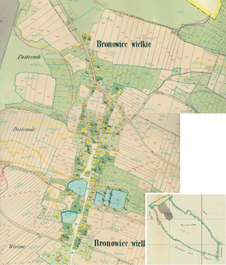 Centrum Bronowic Wielkich na mapie katastralnej sporządzonej dla gminy katastralnej Bronowice Wielkie w 1850 roku oraz pochodzący
z lat 1847–1848 plan sytuacyjny z wyrysowanymi granicami gminy Bronowice Wielkie i lokalizacją gmin sąsiadujących
(Archiwum Narodowe w Krakowie, sygn. K. Krak. 74 II, IV; sygn. WM 562, s. 439)