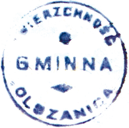 (1925)Odciski pieczęci urzędowych Olszanicy
z lat 1847, 1858, 1925, 1941
(Archiwum Narodowe w Krakowie,
sygn. WM 563a, nlb.; sygn. T.Schn. 1176,
s. 409; sygn. PUZKr 54, nlb.;
sygn. 29/219/15, nlb.)