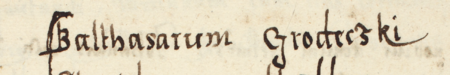 Z księgi radzieckiej Kleparza obejmującej lata 1566–1569: fragment wpisu z 1567 roku dokumentującego
wybór rady urzędującej, z rajcą-burmistrzem Baltazarem Grodeckim w składzie – oraz zbliżenie zapisu imienia
(Archiwum Narodowe w Krakowie, sygn. KL 27, s. 87)