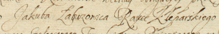 Z akt sądowych wielkorządcy krakowskiego obejmujących lata 1623–1645: fragment wpisu z 1639 roku
dokumentującego sprawę zwrotu długu zabezpieczonego zastawem przez Jakuba Łabuzowica, rajcę kleparskiego –
zbliżenie zapisu imienia i urzędu (Archiwum Narodowe w Krakowie, sygn. Teut. 71, s. 1292)