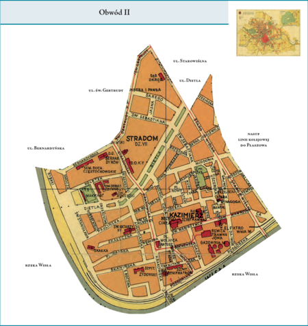 Obwód II według stanu z roku 1938 na przywołanym wcześniej planie miasta z ok. 1939 r. – centralna dzielnica kazimierska,
tradycyjnie wraz ze Stradomiem, w kształcie w zasadzie znanym z podziałów poprzednich. Jednak w tym przypadku istotną różnicą
było wyłączenie Wawelu z tej kazimierskiej dzielnicy i włączenie go do dzielnicy śródmiejskiej, tak jak sto lat wcześniej, przed rokiem
1838. Drugą ważną różnicą było powiększenie powierzchni Stradomia, do tej pory ograniczonego ul. św. Sebastiana, a teraz sięgającego
zbiegu ulic św. Gertrudy i Starowiślnej.