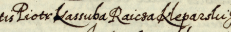 Z księgi radzieckiej kazimierskiej obejmującej sprawy z lat 1600–1603: początkowy fragment wpisu z 1602 roku zawierającego
oświadczenie rajcy Piotra Kaszuby w sprawie rodowodu i powiązań rodzinnych Gilasów z Kleparza – oraz zbliżenie
zapisu imienia i urzędu (Archiwum Narodowe w Krakowie, sygn. K 127, s. 407)