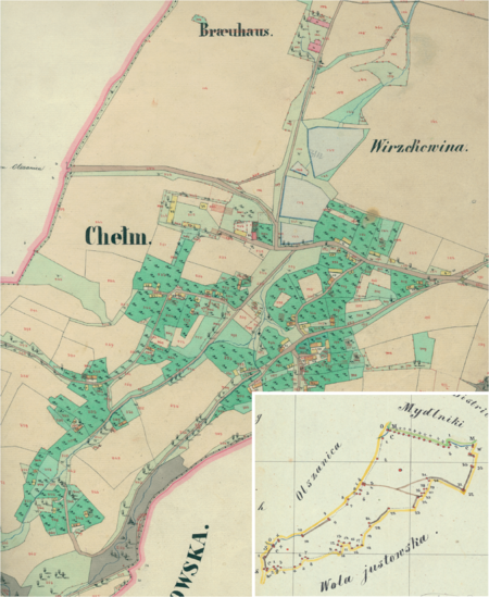 Centrum Chełmu na mapie katastralnej sporządzonej dla gminy katastralnej Chełm w 1850 roku oraz pochodzący
z lat 1847–1848 plan sytuacyjny z wyrysowanymi granicami gminy Chełm i lokalizacją gmin sąsiadujących
(Archiwum Narodowe w Krakowie, sygn. K. Krak. 102-III; sygn. WM 562, s. 563)