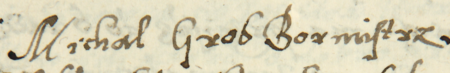 Z księgi radzieckiej Kazimierza obejmującej lata 1580–1583: początkowy fragment z wpisem z roku 1581
zawierającym ogłoszenie statutu cechu karczmarzy; na czele listy rajców urzędujących i starych zatwierdzających
ten statut stoi Michał Grob, ówczesny burmistrz kazimierski – oraz zbliżenie zapisu imienia i funkcji
(Archiwum Narodowe w Krakowie, sygn. K 19, s. 347)