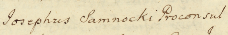 Z księgi radzieckiej Kleparza obejmującej lata 1695–1734: fragment wpisu z 1733 roku
otwierającego kolejną sprawę rozpatrywaną przez urzędujących rajców kleparskich
pod przewodnictwem Józefa Samnockiego, ówczesnego burmistrza – oraz zbliżenie zapisu imienia i funkcji
(Archiwum Narodowe w Krakowie, sygn. KL 33, s. 712)