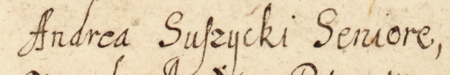 Z księgi radzieckiej Kazimierza obejmującej lata 1670–1675: fragment dokonanego w 1670 roku wpisu
z wykazem ławników kazimierskich, ze starszym ławy Andrzejem Suszyckim, obradujących pod przewodnictwem
wójta Macieja Zawady, przy udziale przedstawicieli Dwunastu Mężów – zbliżenie zapisu imienia i funkcji
(Archiwum Narodowe w Krakowie, sygn. K 44, s. 4)