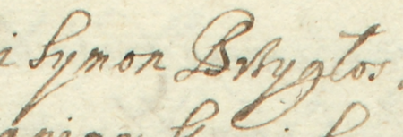 Z akt sądowych wielkorządcy krakowskiego obejmujących lata 1617–1652: fragment wpisu z 1630 roku
dotyczącego sprawy fałszerza i bigamisty Bartosza Koloniego, wniesionej między innymi
przez Szymona Brzygłosa, wówczas ławnika i starszego cechu siodlarzy, późniejszego rajcę kleparskiego –
oraz zbliżenie zapisu imienia (Archiwum Narodowe w Krakowie, sygn. Teut. 71, s. 223)