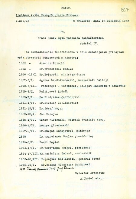 Z akt miasta Krakowa odpis spisu honorowych obywateli sporządzonego w 1933 r. w miejskim archiwum na polecenie służb prezydenckich przed nadaniem tego tytułu Józefowi Piłsudskiemu w tymże roku.