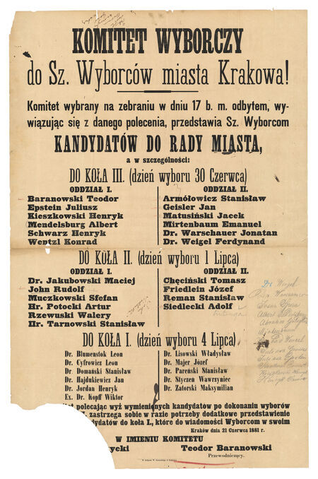 Afisz z kampanii przed wyborami do krakowskiej Rady Miejskiej,
które przeprowadzono 30 czerwca oraz 1 i 4 lipca 1881 roku.