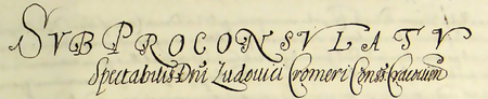 Z księgi radzieckiej obejmującej lata 1602–1607 strony 1076–1077 z nagłówkiem wpisów spraw
za kadencji burmistrzowskiej Ludwika Kromera w 1606 roku – oraz powiększenie zapisu imienia i funkcji burmistrza
(Archiwum Państwowe w Krakowie, sygn. rkps 456, s. 1076–1077)