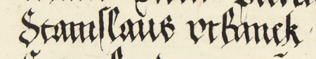 Z księgi radzieckiej Kazimierza obejmującej lata 1521–1533: fragment wpisu dokumentującego
wybór rady urzędującej na rok 1524, ze Stanisławem Urbankiem w składzie – oraz zbliżenie zapisu imienia
(Archiwum Narodowe w Krakowie, sygn. K 9, s. 39)