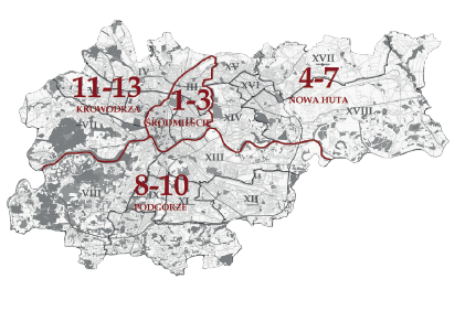 Na schematycznym planie Krakowa z zaznaczonymi późniejszymi, wprowadzonymi
w roku 1991 dzielnicami samorządowymi (oznaczenia cyframi rzymskimi)
naniesiono obowiązujący w latach 1973–1991 podział Krakowa na 4 dzielnice
administracyjne (oznaczone nazwami własnymi) wraz z numerami okręgów wyborczych
ustanowionych w tych dzielnicach w celu przeprowadzenia wyborów do
Rady Miasta Krakowa 27 maja 1990 roku (oznaczenia cyframi arabskimi) –
patrz także zestawienie okręgów w tabeli poniżej.
W roku 1990 Kraków zajmował 326,8 km² i liczył 750 540 mieszkańców.
Według danych Wojewódzkiego Komisarza Wyborczego uprawnionych
do głosowania było wówczas 533 884 mieszkańców miasta, w wyborach wzięło
udział 262 846 osób, co stanowiło 49,23% uprawnionych
(frekwencja wyborcza w skali kraju wyniosła 42,27%).